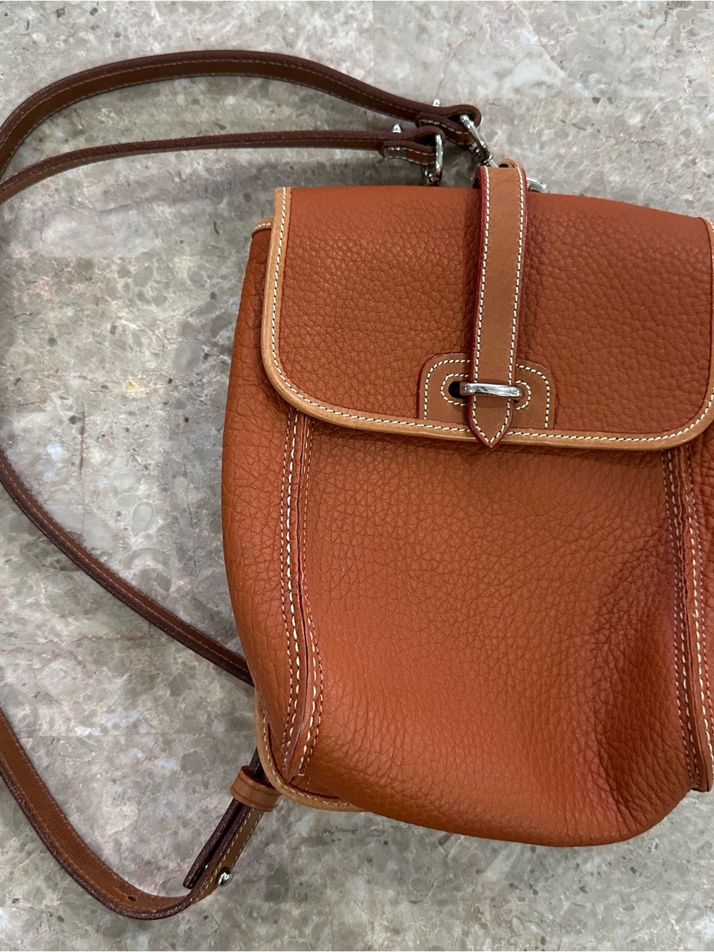 Dooney & Bourke Pebbled Leather Backpack in Cognac with Contrast Trim